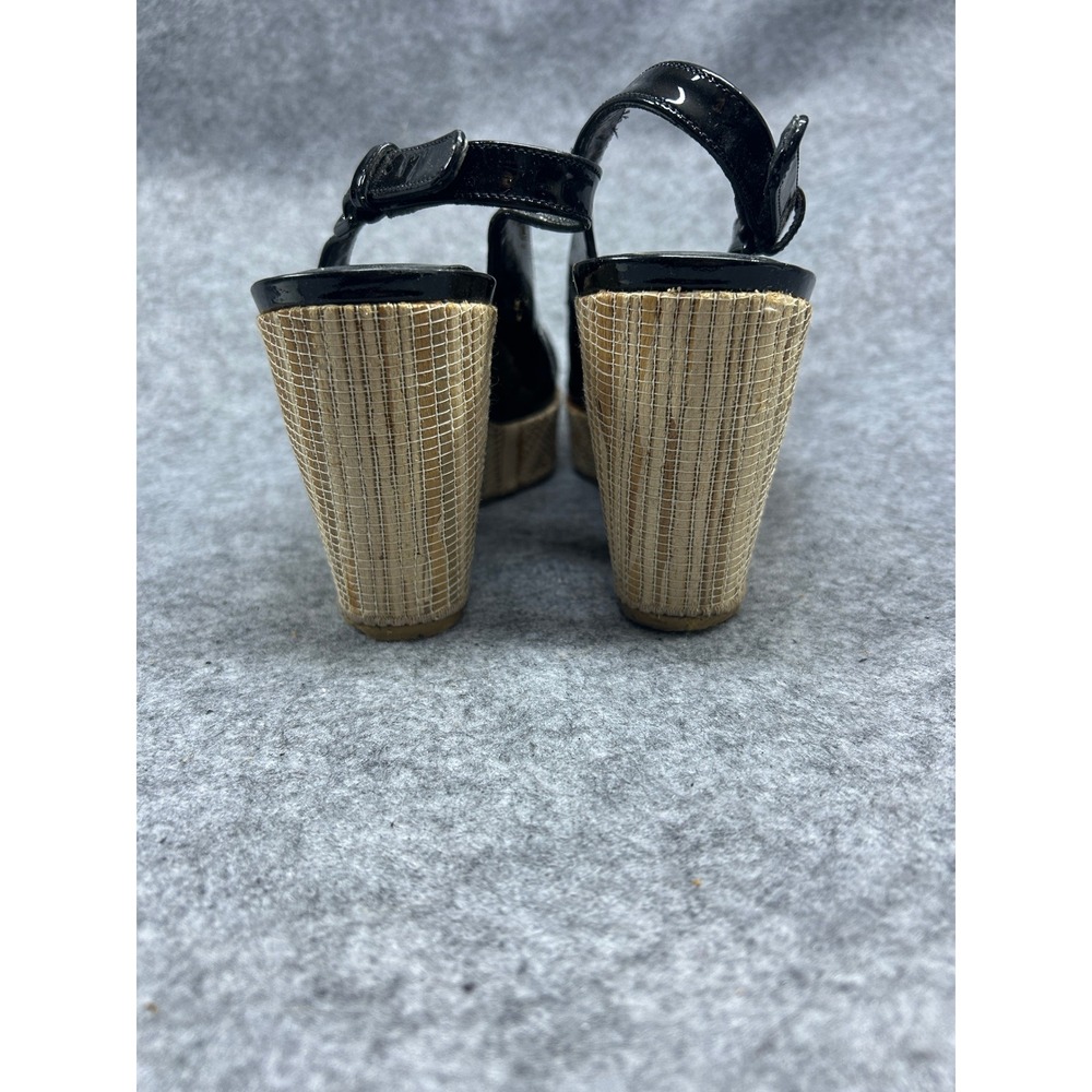 Stuart Weitzman Womens Slingback Wedge 8 Black Patent Leather Bamboo Detail - Picture 6 of 8